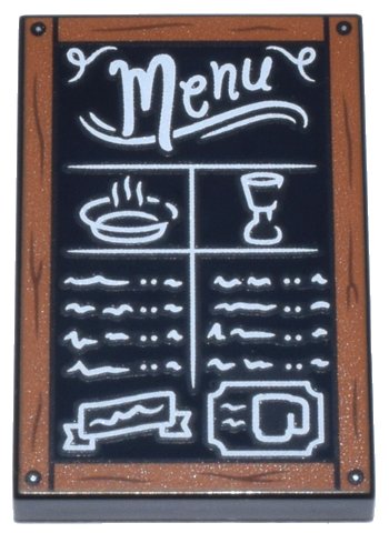 LEGO onderdeel Tile 2 x 3 with Chalk Board with Dark Orange Frame with Wood Grain and Nails, White 'Menu' Food Items, and Scribbles Pattern (26603pb469)