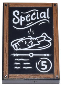 LEGO onderdeel Tile 2 x 3 with Chalk Board with Dark Orange Frame with Wood Grain and Nails, White 'Special' Fish Platter, Scribbles and Number 5 Pattern 26603pb470