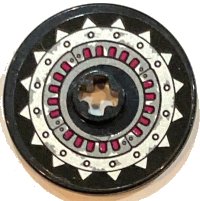 LEGO part Technic, Disk 3 x 3 with Silver Metal Plates with Spikes and Rivets and Magenta Highlights Pattern (Sticker) - Set 70434 2723pb104