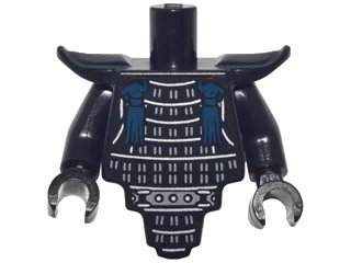 LEGO onderdeel Torso, Modified Short with Smooth Armor Breastplate with Shoulder Pads and Silver Armor and Dark Blue Tassels Pattern / Black Arms / Black Hands (28680pb01c01)