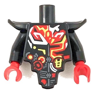 LEGO part Torso, Modified Short with Smooth Armor Breastplate with Shoulder Pads and Red, Yellow and White Tribal Pattern / Black Arms / Red Hands (28680pb03c01)