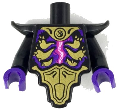 LEGO onderdeel Torso, Modified Short with Smooth Armor Breastplate with Shoulder Pads and Gold Armor Plates, Magenta Energy Pattern / Black Arms / Dark Purple Hands (28680pb04c01)