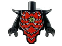 LEGO part Torso, Modified Short with Smooth Armor Breastplate with Shoulder Pads and Red Armor Plates, Silver Edges and Lime Swirl Pattern / Black Arms / Black Hands 28680pb05c01