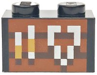 LEGO part Brick 1 x 2 with Reddish Brown and Dark Brown Pixelated Smithing Table with Medium Nougat and Silver Tools Pattern 3004pb338