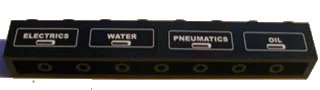 LEGO onderdeel Brick 1 x 8 with White 'ELECTRICS', 'WATER', 'PNEUMATICS' and 'OIL' on Black Background Pattern (Stickers) - Set 7939 (3008pb117R)