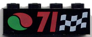LEGO onderdeel Brick 1 x 4 with Octan Logo, Red '71', and White Checkered Flag Pattern (3010pb014)