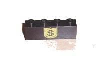 LEGO part Brick 1 x 4 with Black Dollar Sign on Yellow Badge Pattern 3010pb017