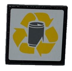 LEGO onderdeel Road Sign 2 x 2 Square with Clip with Yellow Recycling Arrows and Drink Can Pattern (Sticker) - Set 4206 (30258pb028)