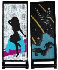 LEGO onderdeel Vlag 7 x 3 met staafgreep met Medium Azure Smoke, Stars en Gold Stripes / Black Female Dancer Silhouette Type 3 Patroon (Stickers) - Set 41105 30292pb023