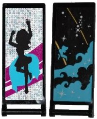 LEGO onderdeel Vlag 7 x 3 met staafgreep met Medium Azure Smoke, Stars en Gold Stripes / Black Female Dancer Silhouette Type 4 Patroon (Stickers) - Set 41105 30292pb024