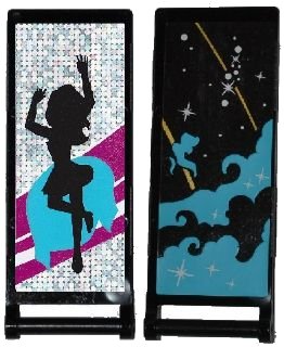 LEGO onderdeel Vlag 7 x 3 met staafgreep met Medium Azure Smoke, Stars en Gold Stripes / Black Female Dancer Silhouette Type 4 Patroon (Stickers) - Set 41105 (30292pb024)