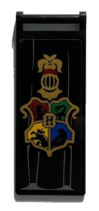 LEGO part Flag 7 x 3 with Bar Handle with Gold Hogwarts Coat of Arms on Black Drape Pattern (Sticker) - Set 76389 30292pb049