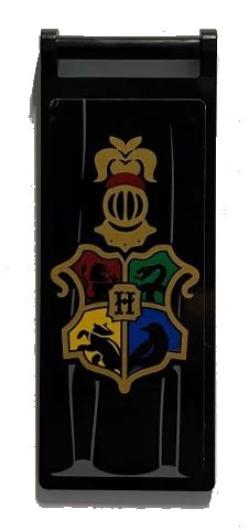 LEGO onderdeel Flag 7 x 3 with Bar Handle with Gold Hogwarts Coat of Arms on Black Drape Pattern (Sticker) - Set 76389 (30292pb049)