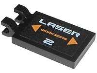 LEGO part Tile, Modified 2 x 3 with 2 U Clips with White 'LASER 2', Orange 'WORKZONE' and Triangles Pattern (Sticker) - Set 7699 30350cpb011