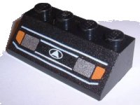 LEGO part Slope 45 2 x 4 with Silver Headlights, Orange Signal Lights, and White Lines Pattern 3037px1W