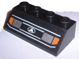 LEGO part Slope 45 2 x 4 with Silver Headlights, Orange Signal Lights, and White Lines Pattern (3037px1W)