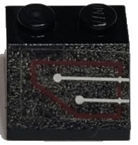 LEGO part Slope 45 2 x 2 with Silver Circuitry, 2 Lines Straight in Red Outline Pattern (Sticker) - Set 7702 3039pb052