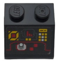 LEGO part Slope 45 2 x 2 with Control Panel with Red, White and Yellow Buttons, Red Bar Chart and Silver Joystick Pattern (Sticker) - Set 70923 3039pb145