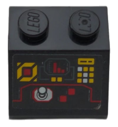 LEGO onderdeel Slope 45 2 x 2 with Control Panel with Red, White and Yellow Buttons, Red Bar Chart and Silver Joystick Pattern (Sticker) - Set 70923 (3039pb145)