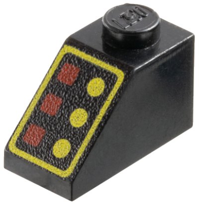 LEGO onderdeel Slope 45 2 x 1 with 3 Red Lamps, 3 Yellow Buttons, Yellow Border Pattern (3040p01)