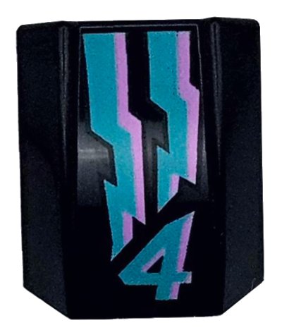 LEGO part Slope, Curved 2 x 2 Lip with Dark Turquoise and Lavender Lightning Energy and Number 4 Pattern (30602pb115)