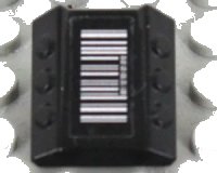 LEGO part Brick, Modified 2 x 2 No Studs, Sloped with 6 Side Pistons Raised with Silver Barcode Pattern (Sticker) - Set 7713 30603pb22