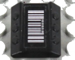LEGO onderdeel Brick, Modified 2 x 2 No Studs, Sloped with 6 Side Pistons Raised with Silver Barcode Pattern (Sticker) - Set 7713 (30603pb22)