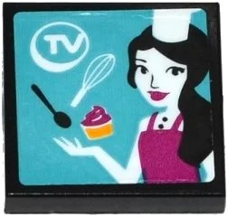 LEGO onderdeel Tile 2 x 2 with 'TV' , Spoon, Whisk, Cupcake and Female Chef on Screen Pattern (Sticker) - Set 41135 (3068pb0982)