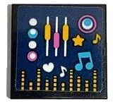 LEGO onderdeel Tile 2 x 2 with Medium Azure, Bright Light Orange and White Musical Notes, Buttons and Equalizer Bars on Dark Blue Background Pattern (Sticker) - Set 41347 3068pb1928