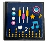 LEGO onderdeel Tile 2 x 2 with Medium Azure, Bright Light Orange and White Musical Notes, Buttons and Equalizer Bars on Dark Blue Background Pattern (Sticker) - Set 41347 (3068pb1928)