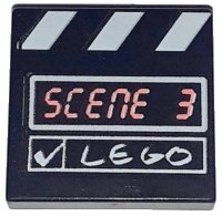 LEGO onderdeel Tile 2 x 2 with 'SCENE 3' and White 'LEGO', Check Mark and Stripes Film Slate Pattern 3068px5
