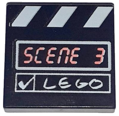 LEGO onderdeel Tile 2 x 2 with 'SCENE 3' and White 'LEGO', Check Mark and Stripes Film Slate Pattern (3068px5)