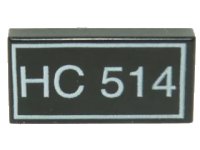 LEGO part Tile 1 x 2 with White 'HC 514' Text Pattern 3069pa1