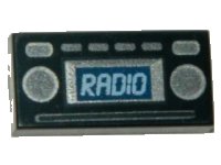 LEGO part Tile 1 x 2 with Light Blue 'RADIO' and Silver Buttons Pattern 3069pb0348