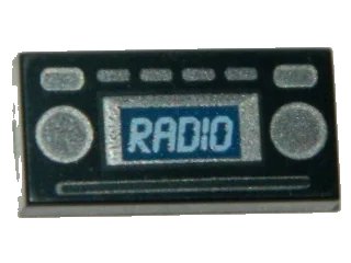 LEGO onderdeel Tile 1 x 2 with Light Blue 'RADIO' and Silver Buttons Pattern (3069pb0348)