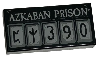 LEGO part Tile 1 x 2 with Light Bluish Gray 'AZKABAN PRISON' and Squares with Runes and '390' Pattern (3069pb1091)