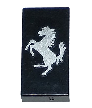 LEGO part Tile 1 x 2 with Ferrari Logo, Silver Horse, Vertical Orientation Pattern (3069pb1101)