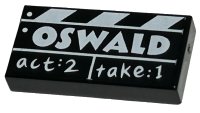 LEGO part Tile 1 x 2 with Film Slate with White 'OSWALD' and 'act:2 take:1' Pattern 3069pb1162