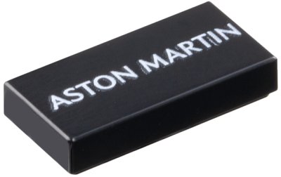 LEGO part Tile 1 x 2 with White 'ASTON MARTIN' Pattern (3069pb1366)
