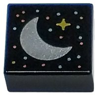 LEGO part Tile 1 x 1 with Silver Crescent Moon, Gold Sparkle, and Metallic Light Blue and Metallic Pink Dots Pattern 3070pb281