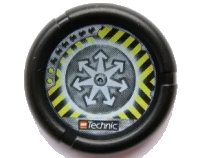 LEGO part Throwing Disk with Throwbot Jet / Slizer Judge 2 Pips, LEGO Technic Logo, and Radiating Arrows and Danger Stripes Emblem Pattern 32171pb031
