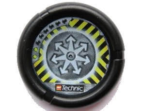 LEGO onderdeel Throwing Disk with Throwbot Jet / Slizer Judge 2 Pips, LEGO Technic Logo, and Radiating Arrows and Danger Stripes Emblem Pattern (32171pb031)