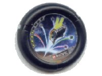 LEGO part Throwing Disk with Throwbot Jet / Slizer Judge 4 Pips, LEGO Technic Logo, and Flying Boxes in Space Pattern 32171pb033