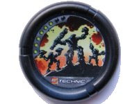 LEGO part Throwing Disk with Throwbot Blaster 6 Pips, LEGO Technic Logo, and 3 Robots Standing on Rock Pattern 32171pb059