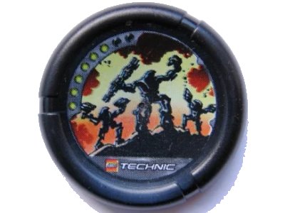 LEGO onderdeel Throwing Disk with Throwbot Blaster 6 Pips, LEGO Technic Logo, and 3 Robots Standing on Rock Pattern (32171pb059)