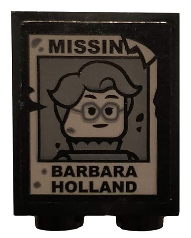LEGO onderdeel Brick 1 x 2 x 2 with Inside Stud Holder with 'MISSIN', Woman Minifigure with Glasses, and 'BARBARA HOLLAND' Pattern (Sticker) - Set 75810 (3245cpb110)