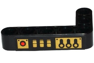 LEGO onderdeel Technic, Liftarm, Modified Bent Thick L-Shape 3 x 5 with 3 Gold Levers, 3 Switches and Red Light Pattern Model Right Side (Sticker) - Set 70738 (32526pb014R)