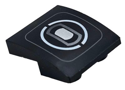 LEGO part Slope, Curved 2 x 2 x 2/3 Inverted with Thin Dark Bluish Gray Rounded Square, White Split Circle, and Silver Headlight Pattern (32803pb012)