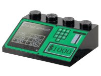 LEGO part Slope 33 3 x 4 with Green ATM Bank Machine with Card Slot, Keypad, '$1000', and Screen with 'Choose amount' Pattern 3297px16