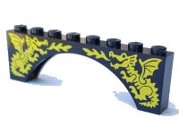LEGO part Arch 1 x 8 x 2 with Two Yellow Dragons Pattern 3308pb01
